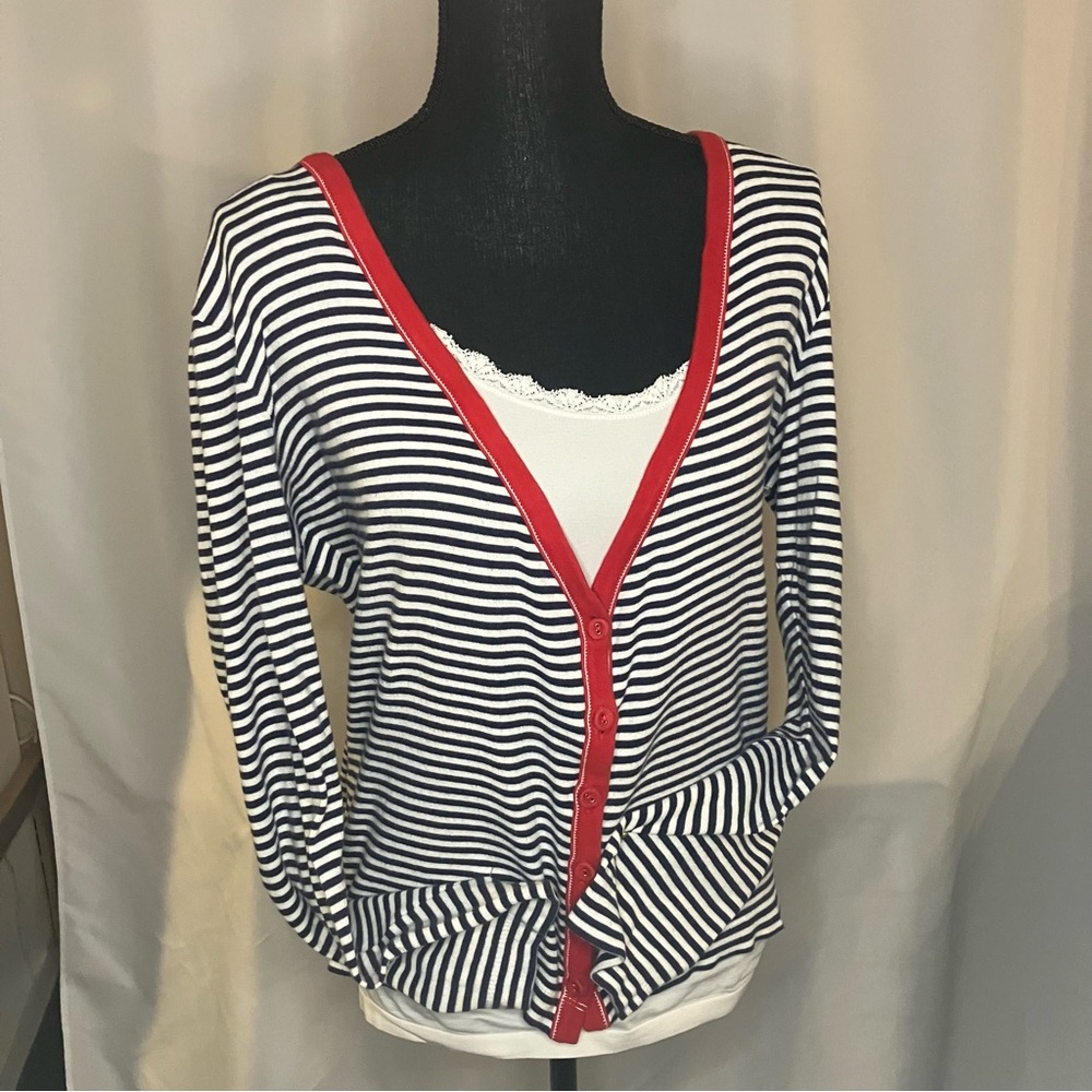 Women's CHICOS SIZE 0 Red white blue light jacket 92% cotton 2% spandex
